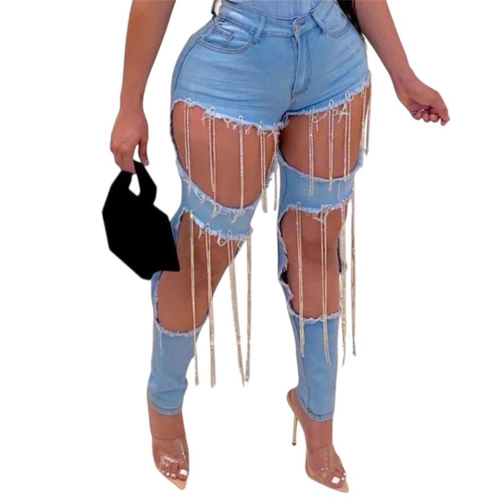 Light Blue Distressed Jeans with Beaded Fringe